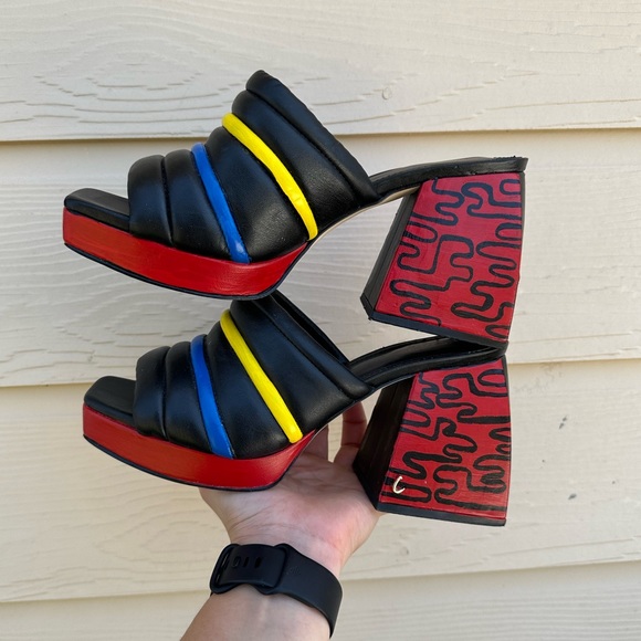 CUSTOM PAINTED Black Leather Platform Black Heels ‼️ - Picture 4 of 8